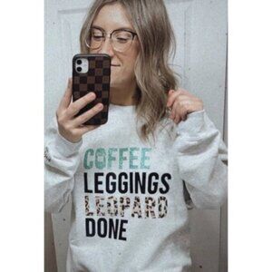 Women's Graphic Logo Coffee Leggings Leopard Casual Pullover Sweater Size Large
